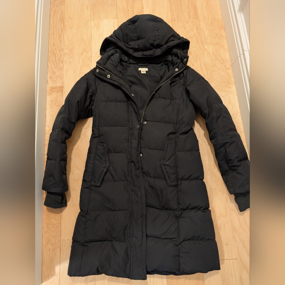 J. Crew Long Belted Black Puffer Down Coat Womens XS Petite